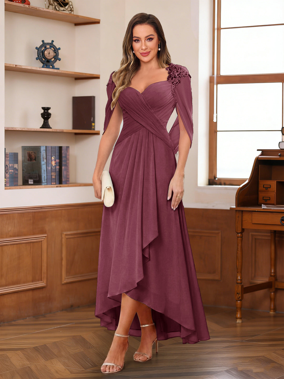A-Line/Princess V-Neck Ankle-Length Mother of the Bride Dresses with Appliques &amp; Lace