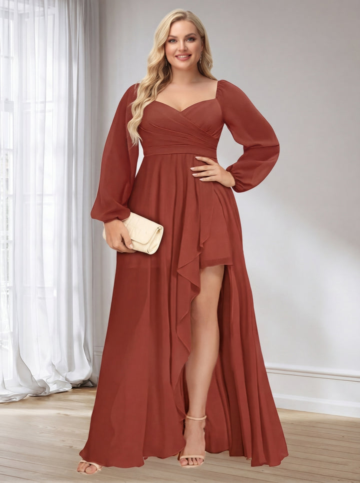 A-Line/Princess Sweetheart Long Sleeves Asymmetrical Ruched Plus Size Bridesmaid Dresses