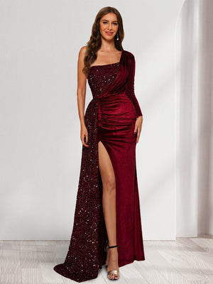 Sheath/Column One-Shoulder Floor-Length Velvet Evening Dresses with Sequins & Split Side