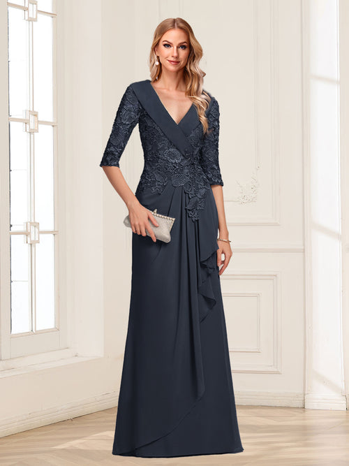 A-Line/Princess V-Neck 3/4 Sleeves Chiffon Mother of the Bride Dresses with Ruffles & Appliques