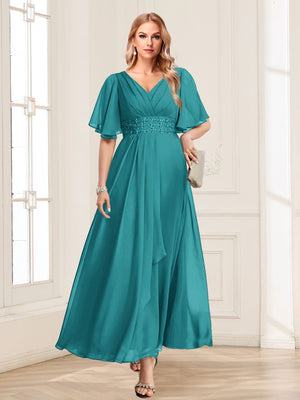 A-Line/Princess V-Neck Short Sleeves Mother of the Bride Dresses with Ruffles