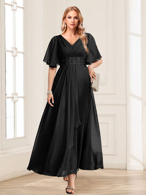 A-Line/Princess V-Neck Short Sleeves Mother of the Bride Dresses with Ruffles