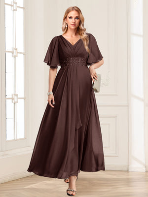 A-Line/Princess V-Neck Short Sleeves Mother of the Bride Dresses with Ruffles