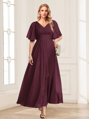 A-Line/Princess V-Neck Short Sleeves Mother of the Bride Dresses with Ruffles