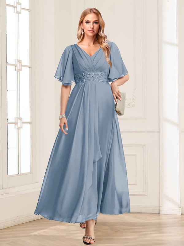A-Line/Princess V-Neck Short Sleeves Mother of the Bride Dresses with Ruffles