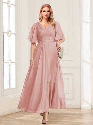 A-Line/Princess V-Neck Short Sleeves Mother of the Bride Dresses with Ruffles