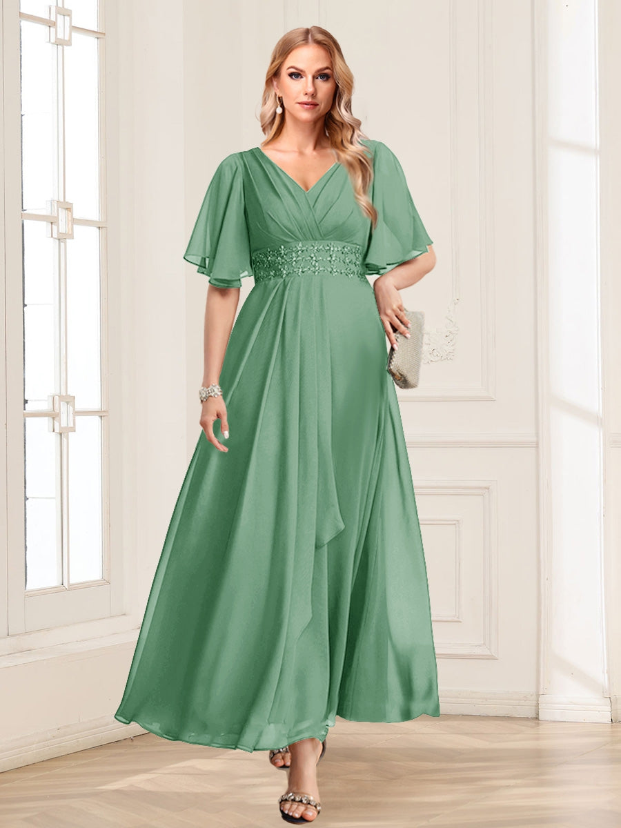 Lavetir Spa A-Line/Princess V-Neck Short Sleeves Appliques Ruched Mother of the Bride Dresses 2026