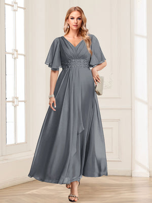 A-Line/Princess V-Neck Short Sleeves Mother of the Bride Dresses with Ruffles