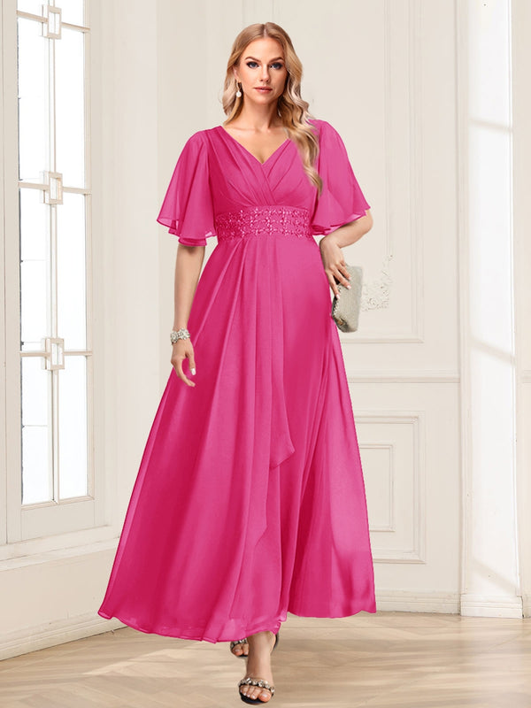 A-Line/Princess V-Neck Short Sleeves Mother of the Bride Dresses with Ruffles