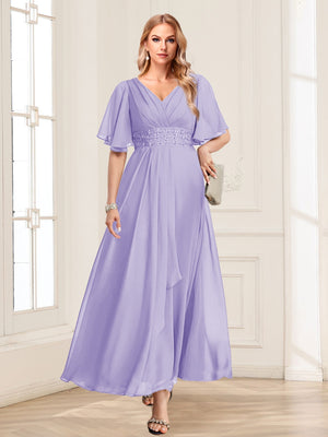 A-Line/Princess V-Neck Short Sleeves Mother of the Bride Dresses with Ruffles