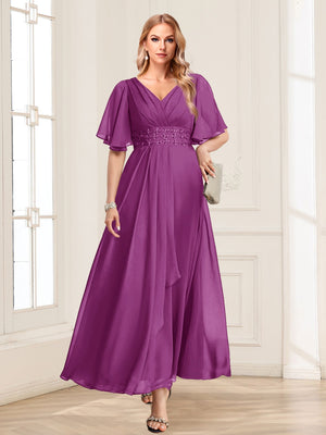 A-Line/Princess V-Neck Short Sleeves Mother of the Bride Dresses with Ruffles