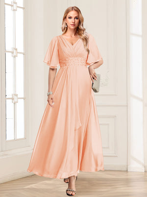 A-Line/Princess V-Neck Short Sleeves Mother of the Bride Dresses with Ruffles