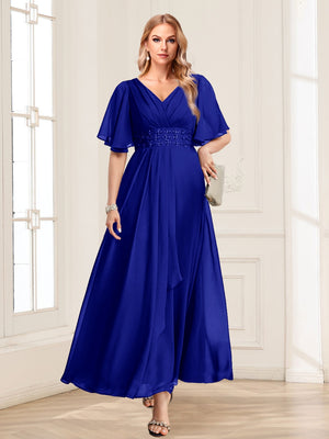A-Line/Princess V-Neck Short Sleeves Mother of the Bride Dresses with Ruffles