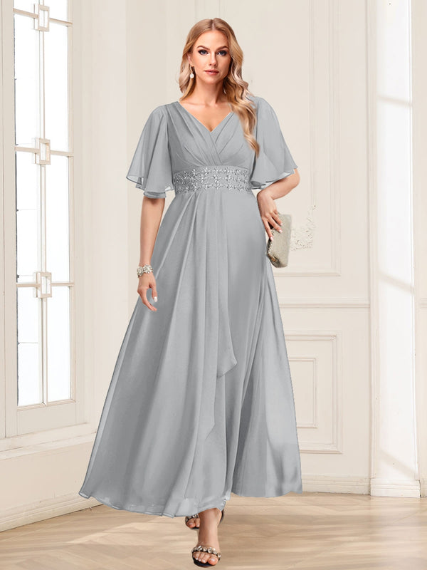 A-Line/Princess V-Neck Short Sleeves Mother of the Bride Dresses with Ruffles