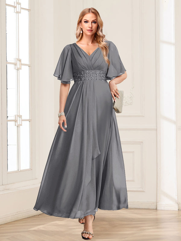 A-Line/Princess V-Neck Short Sleeves Mother of the Bride Dresses with Ruffles