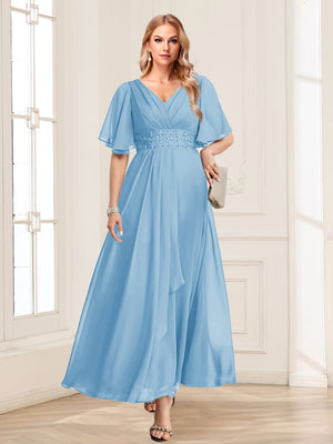 A-Line/Princess V-Neck Short Sleeves Mother of the Bride Dresses with Ruffles