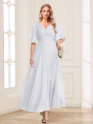 A-Line/Princess V-Neck Short Sleeves Mother of the Bride Dresses with Ruffles