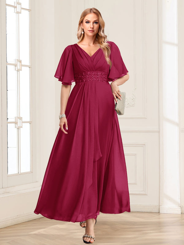 A-Line/Princess V-Neck Short Sleeves Mother of the Bride Dresses with Ruffles