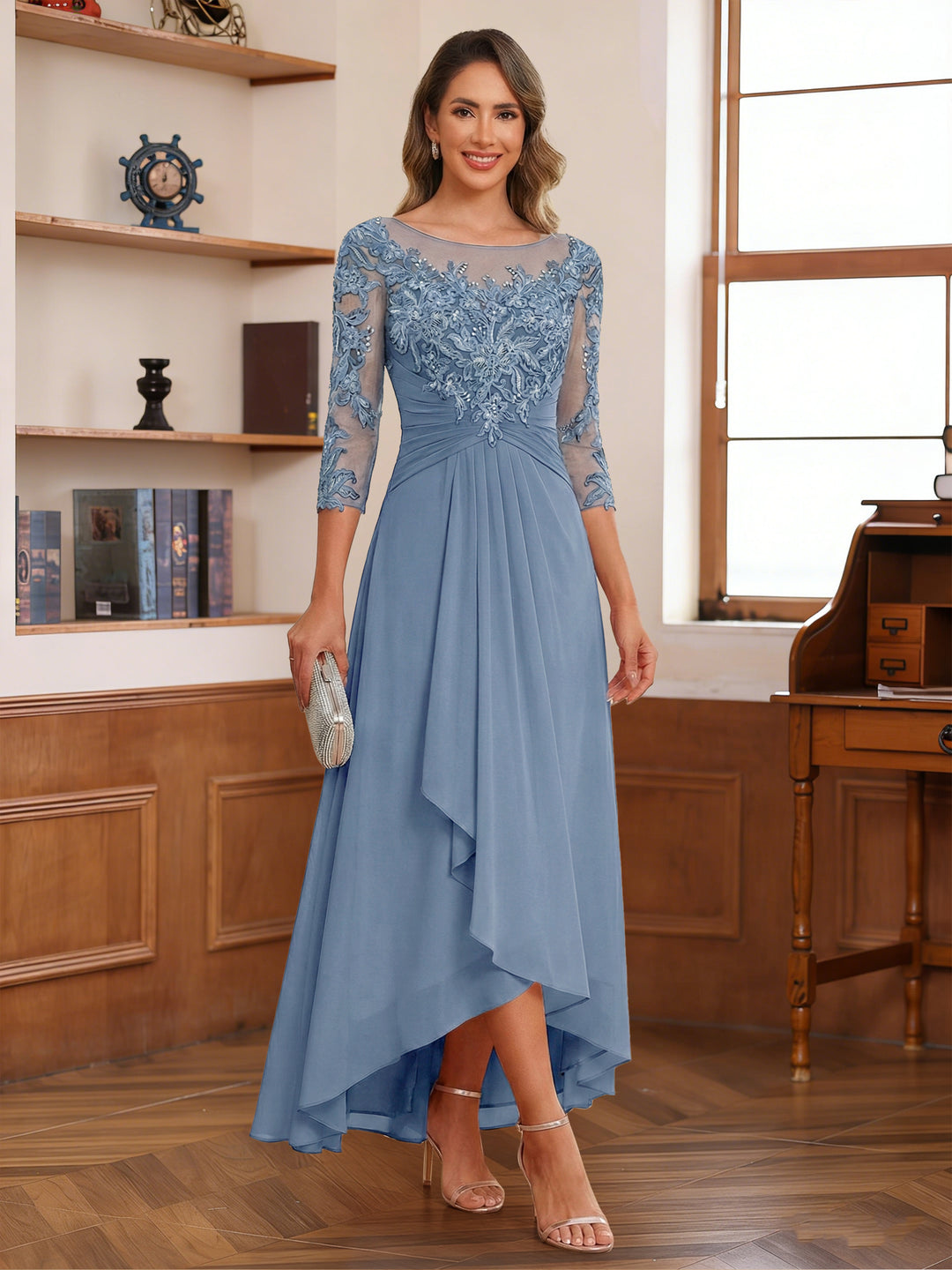 Lavetir Lavender A-Line/Princess Scoop 3/4 Sleeves Ankle-Length Mother of the Bride Dress With Appliques & Lace 2026