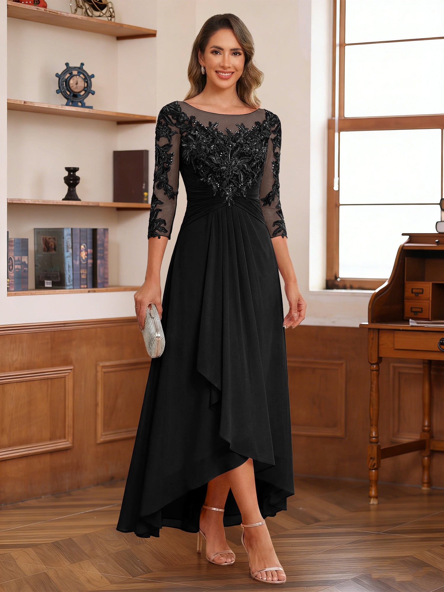 A-Line/Princess Scoop 3/4 Sleeves Ankle-Length Mother of the Bride Dress With Appliques & Lace