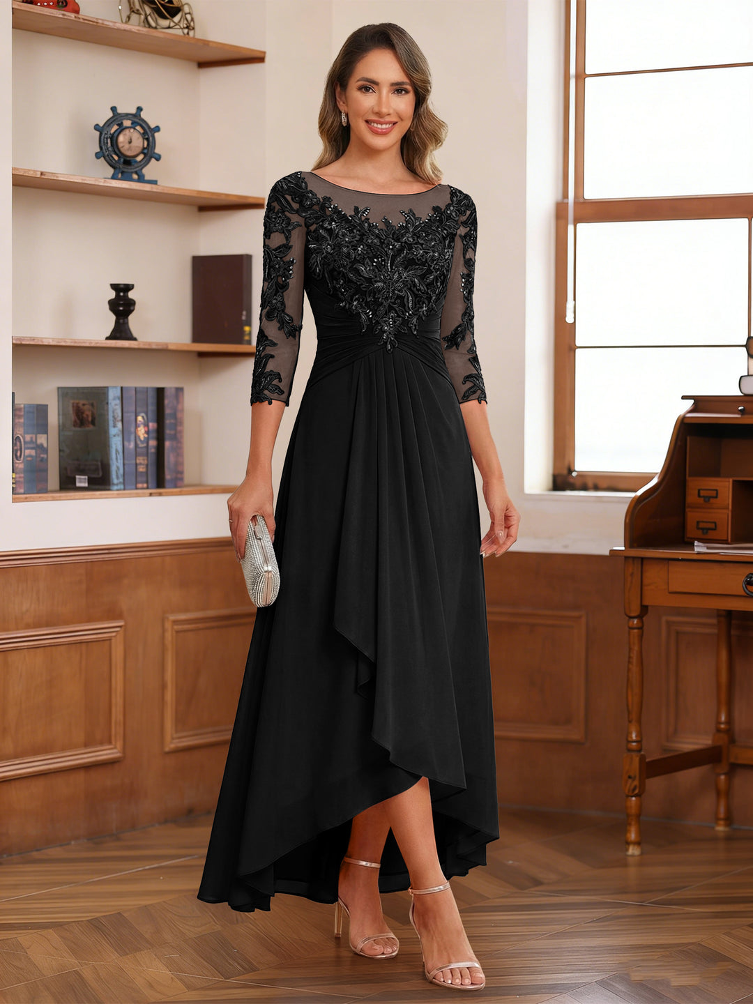 2026 Mother of the Bride & Groom Dress Lace Appliqué Beaded 3/4 Sleeve High Low Chiffon Lavetir Black Formal