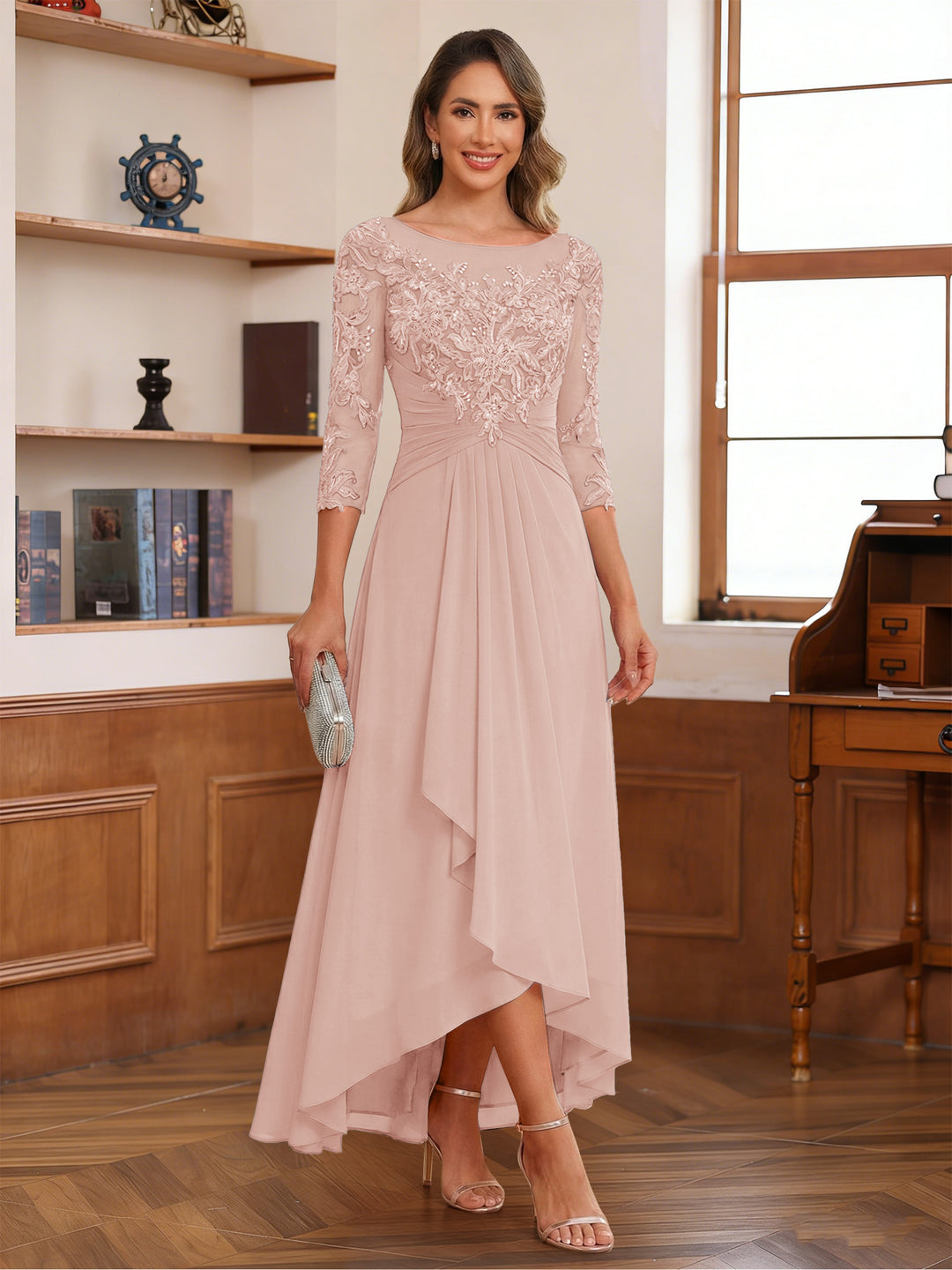 A-Line/Princess Scoop 3/4 Sleeves Ankle-Length Mother of the Bride Dress With Appliques &amp; Lace