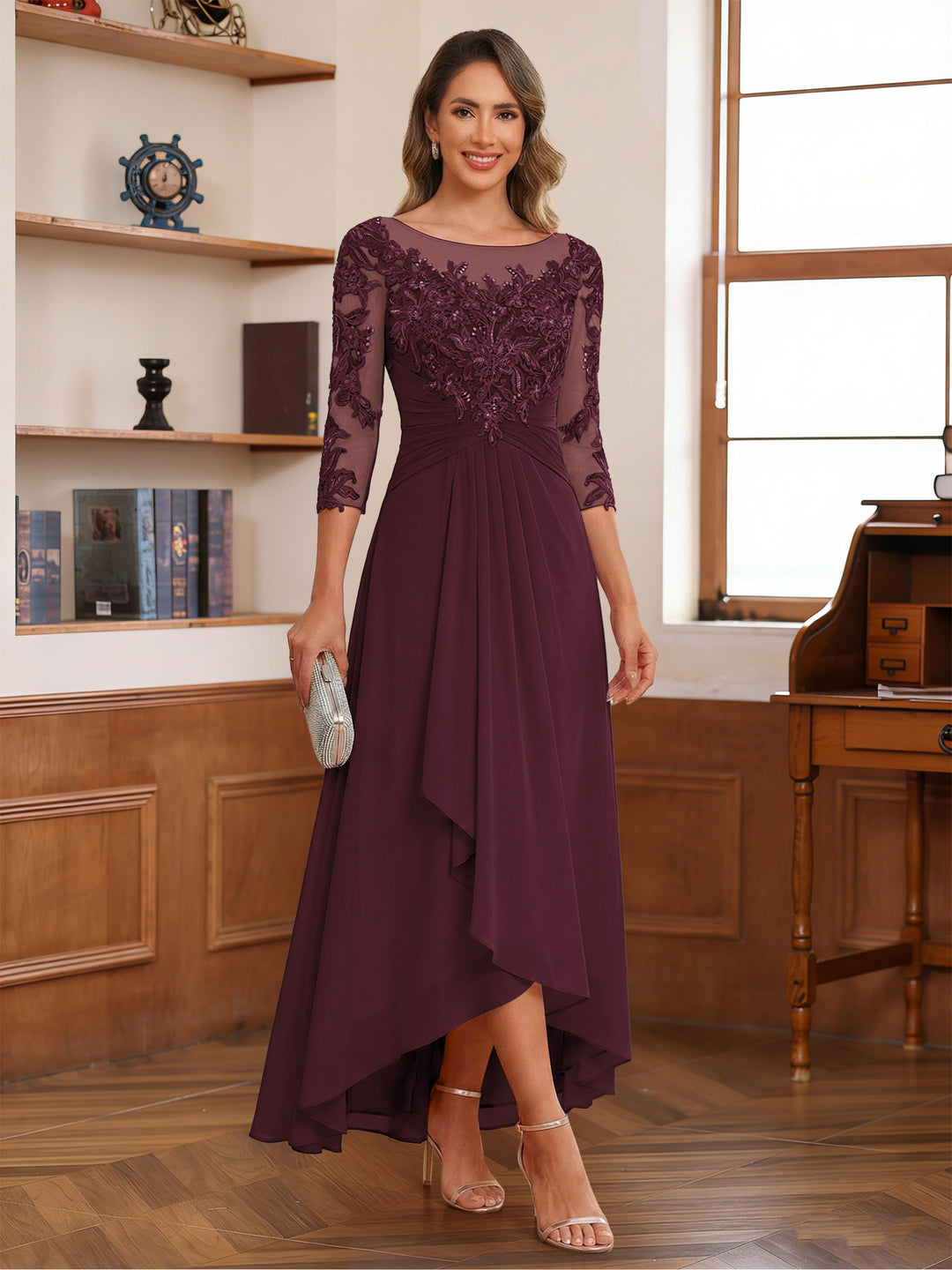 A-Line/Princess Scoop 3/4 Sleeves Ankle-Length Mother of the Bride Dress With Appliques & Lace
