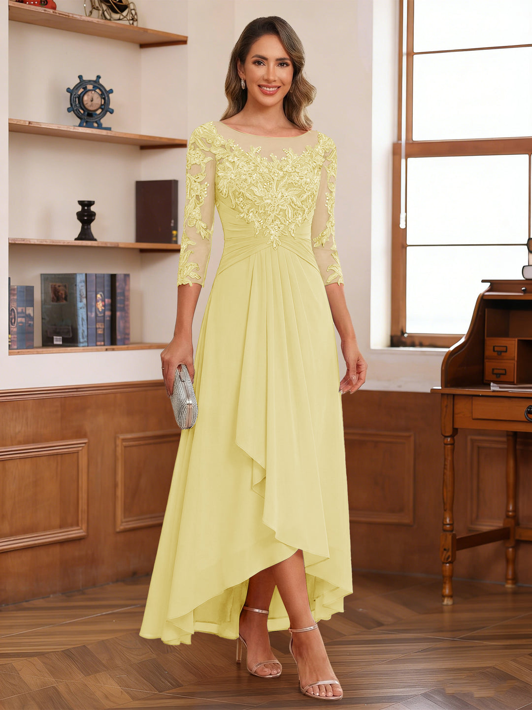 A-Line/Princess Scoop 3/4 Sleeves Ankle-Length Mother of the Bride Dress With Appliques &amp; Lace