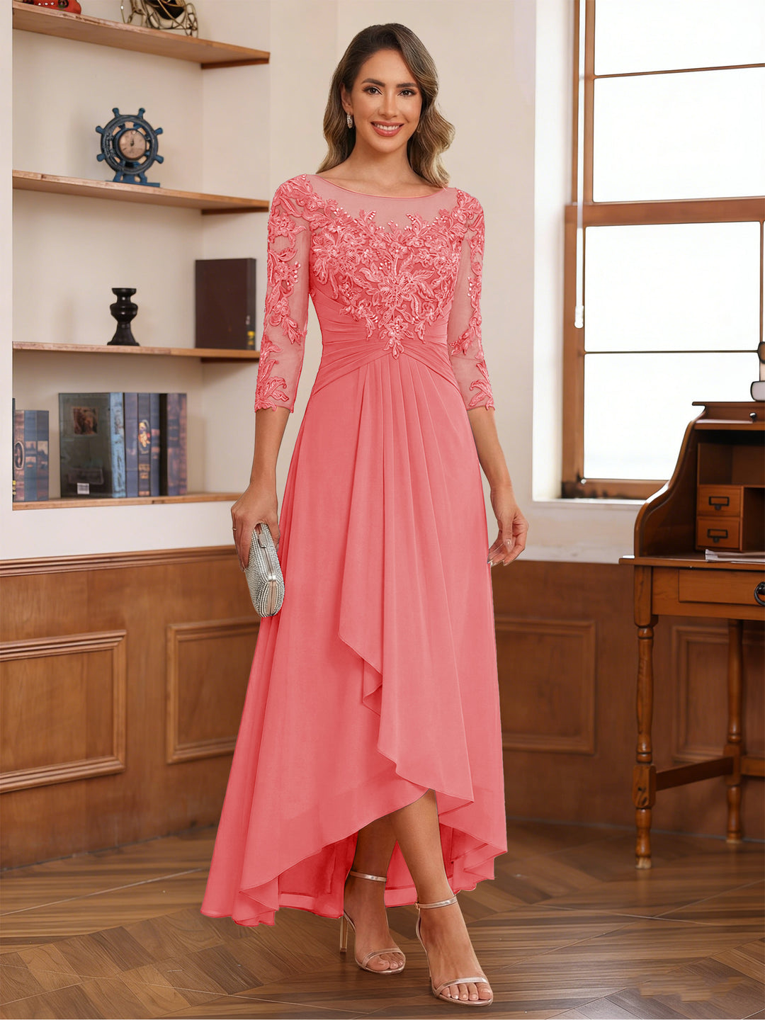 A-Line/Princess Scoop 3/4 Sleeves Ankle-Length Mother of the Bride Dress With Appliques &amp; Lace