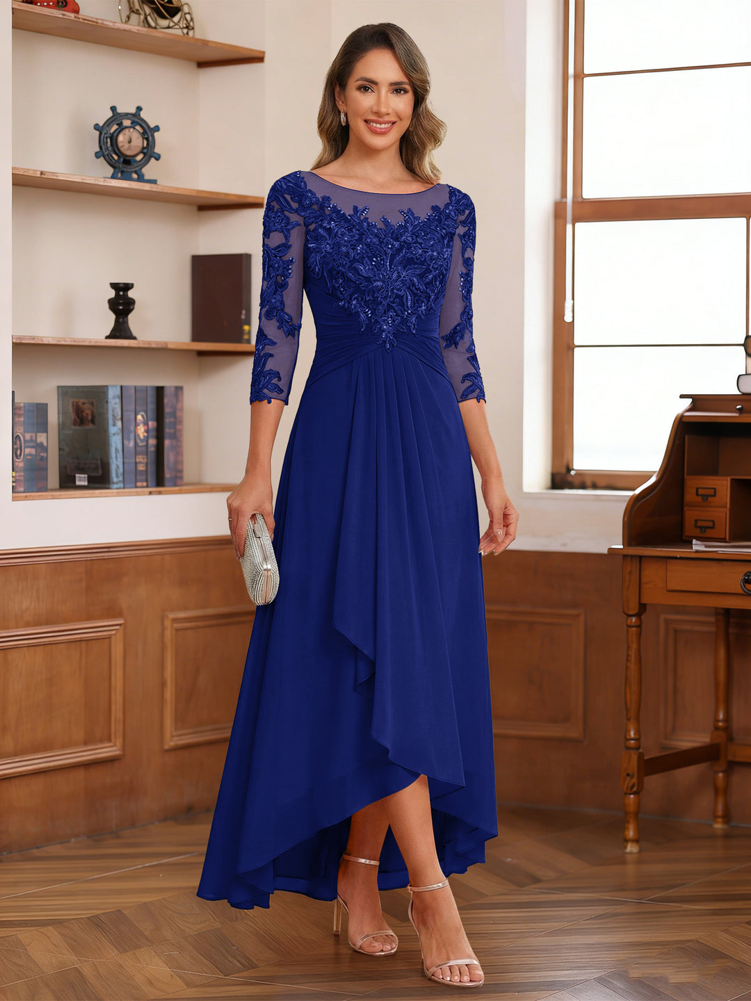 A-Line/Princess Scoop 3/4 Sleeves Ankle-Length Mother of the Bride Dress With Appliques &amp; Lace