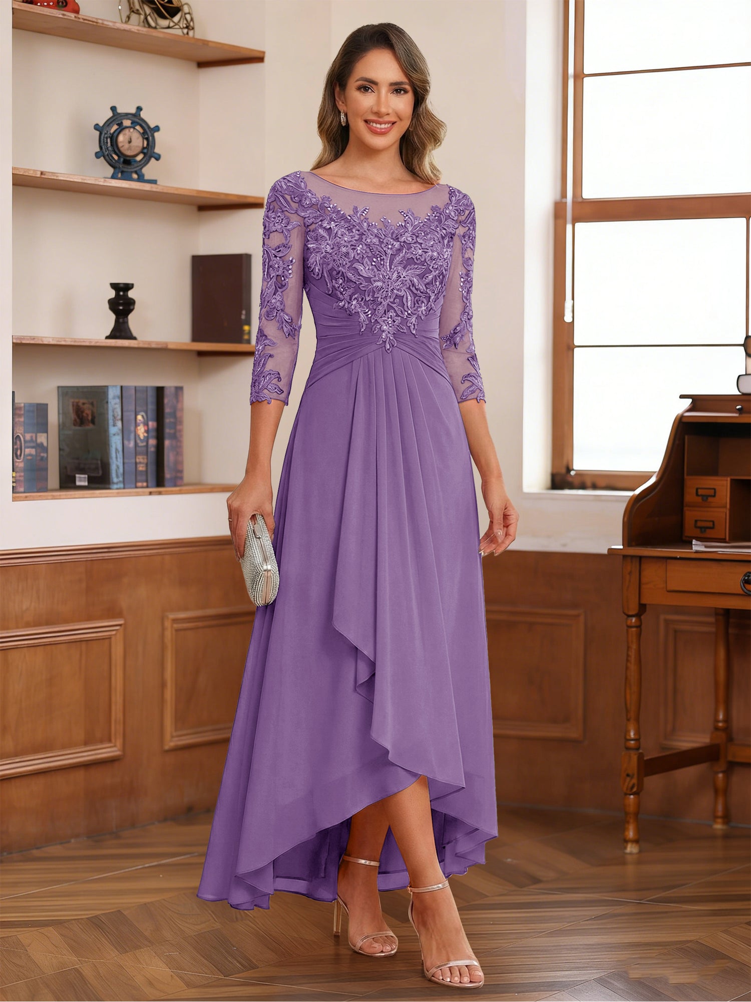 A-Line/Princess Scoop 3/4 Sleeves Ankle-Length Mother of the Bride Dress With Appliques & Lace