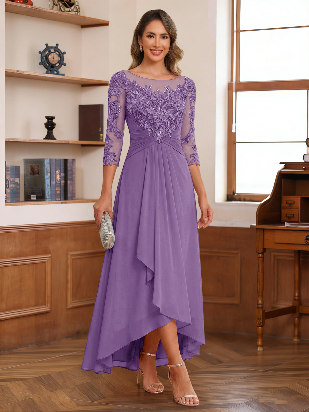A-Line/Princess Scoop 3/4 Sleeves Ankle-Length Mother of the Bride Dress With Appliques &amp; Lace