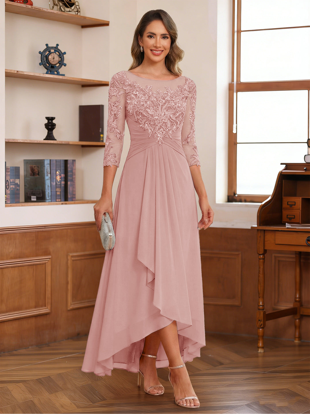 A-Line/Princess Scoop 3/4 Sleeves Ankle-Length Mother of the Bride Dress With Appliques &amp; Lace