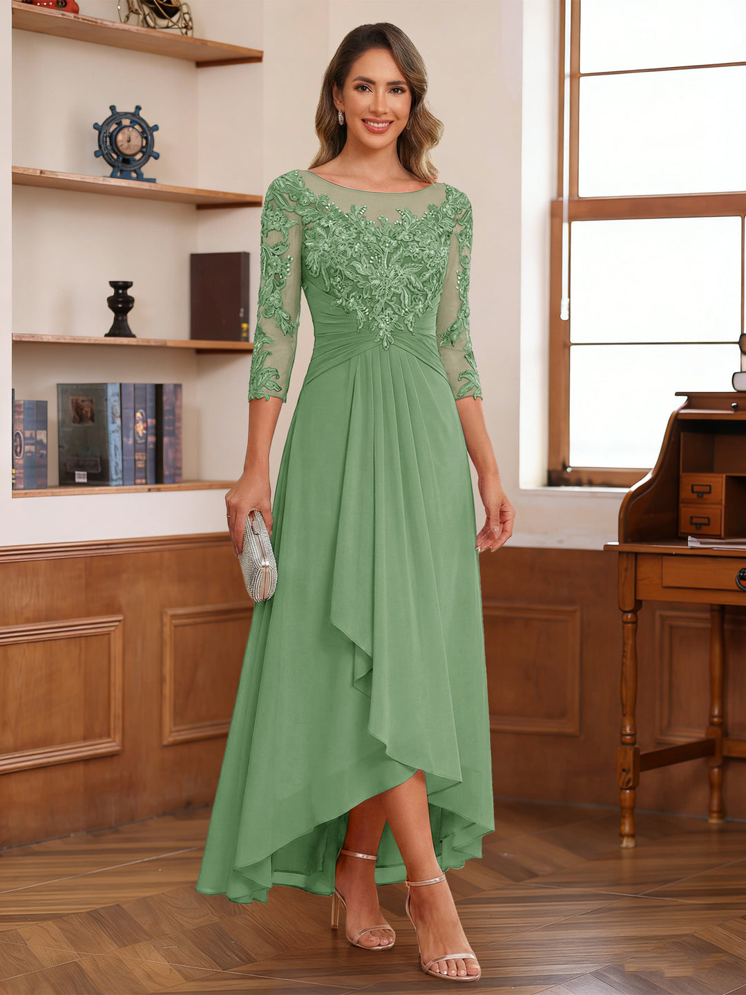 A-Line/Princess Scoop 3/4 Sleeves Ankle-Length Mother of the Bride Dress With Appliques &amp; Lace