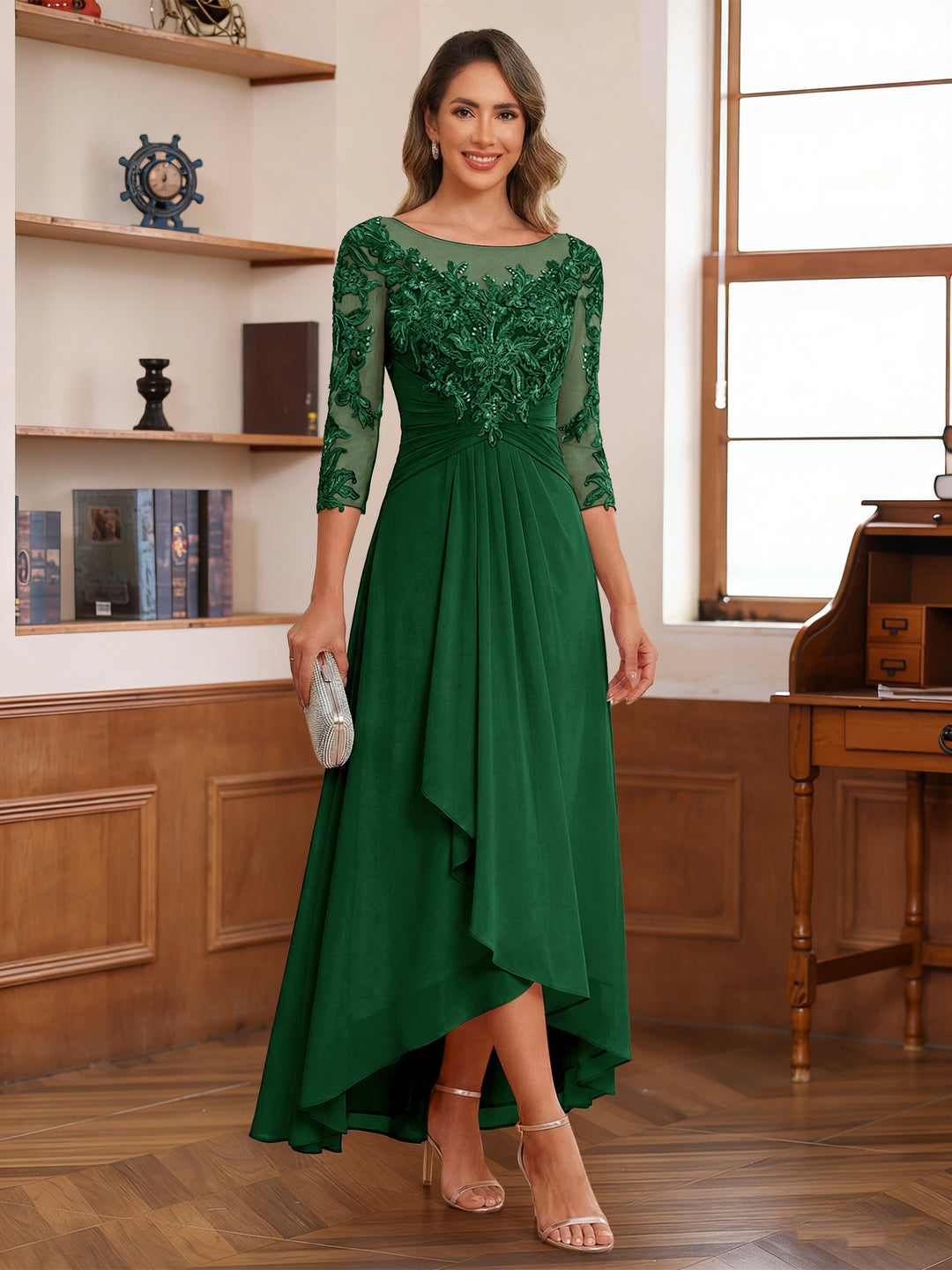 A-Line/Princess Scoop 3/4 Sleeves Ankle-Length Mother of the Bride Dress With Appliques &amp; Lace