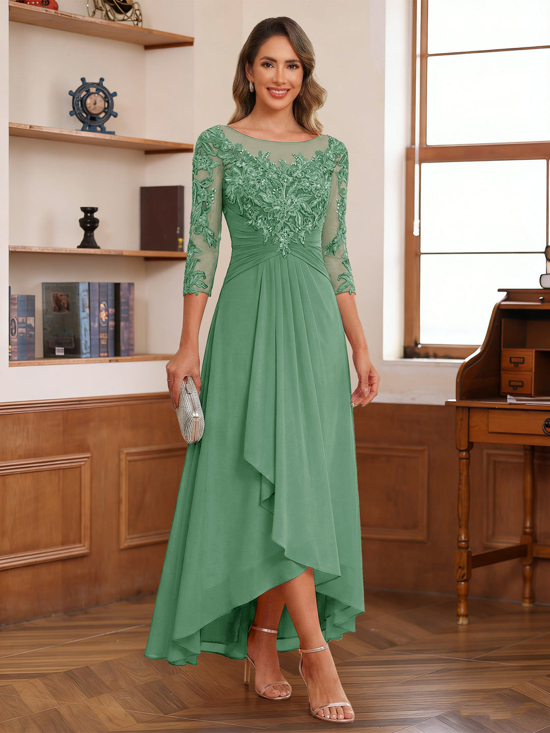A-Line/Princess Scoop 3/4 Sleeves Ankle-Length Mother of the Bride Dress With Appliques &amp; Lace