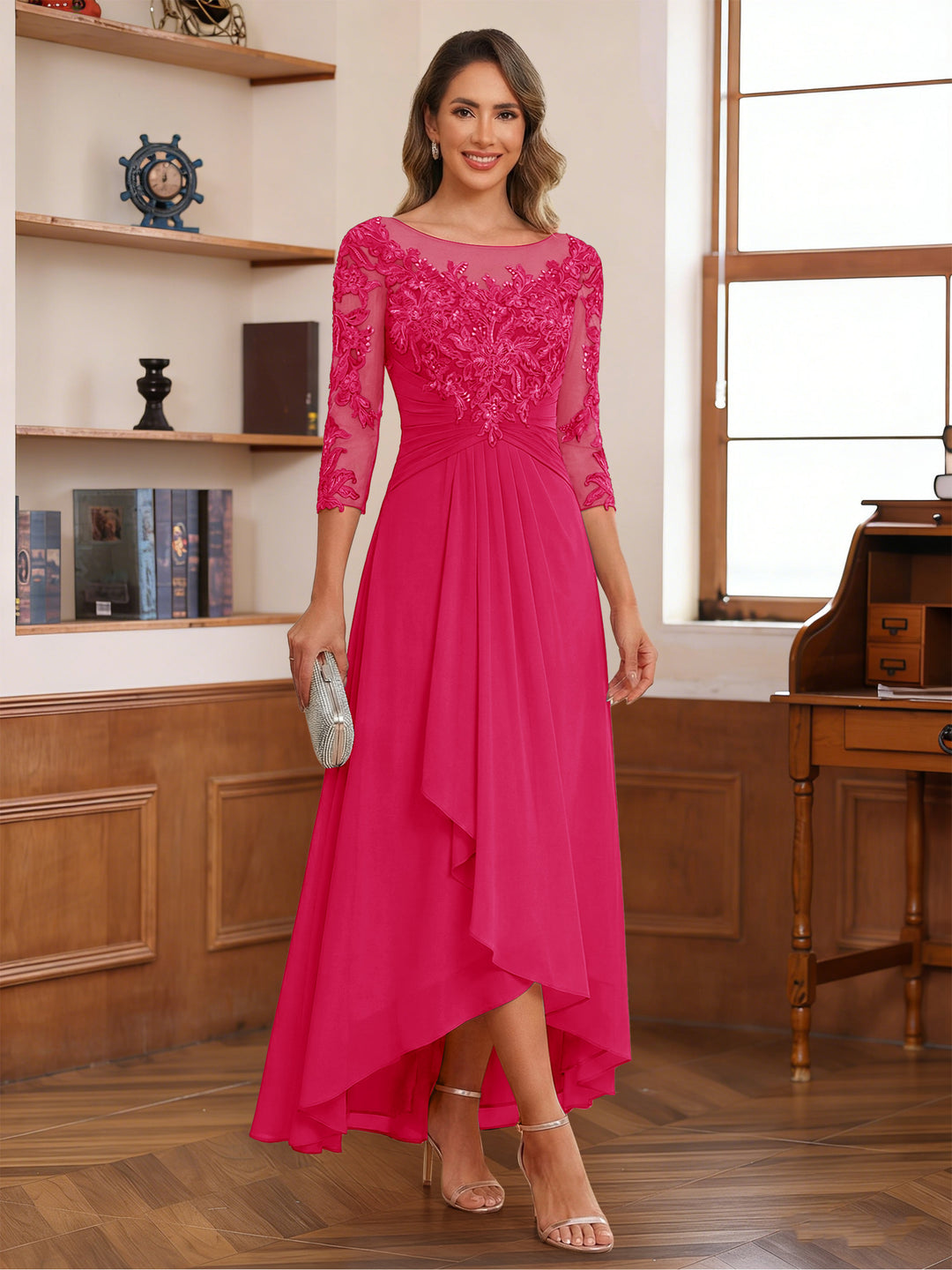 A-Line/Princess Scoop 3/4 Sleeves Ankle-Length Mother of the Bride Dress With Appliques &amp; Lace