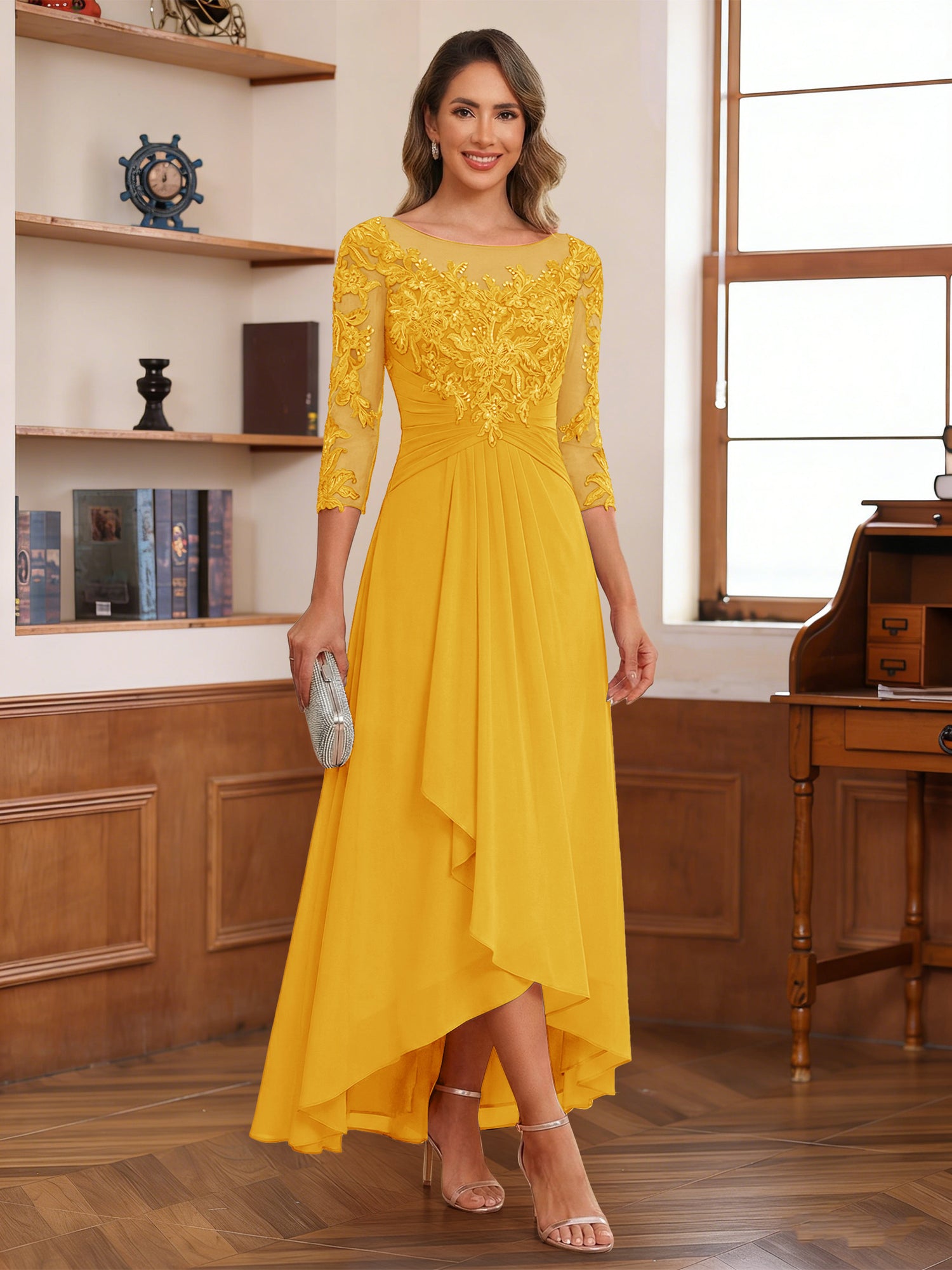 A-Line/Princess Scoop 3/4 Sleeves Ankle-Length Mother of the Bride Dress With Appliques & Lace