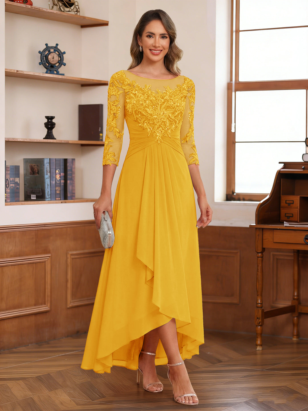 A-Line/Princess Scoop 3/4 Sleeves Ankle-Length Mother of the Bride Dress With Appliques &amp; Lace