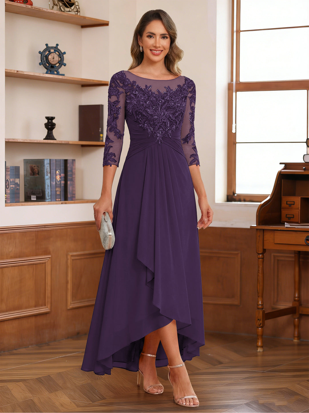 A-Line/Princess Scoop 3/4 Sleeves Ankle-Length Mother of the Bride Dress With Appliques &amp; Lace
