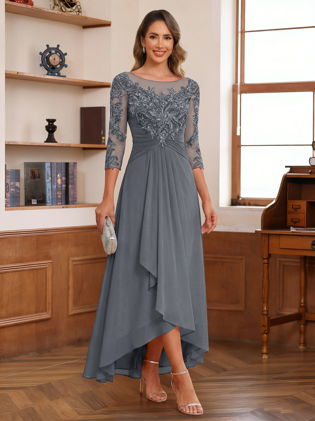 A-Line/Princess Scoop 3/4 Sleeves Ankle-Length Mother of the Bride Dress With Appliques &amp; Lace