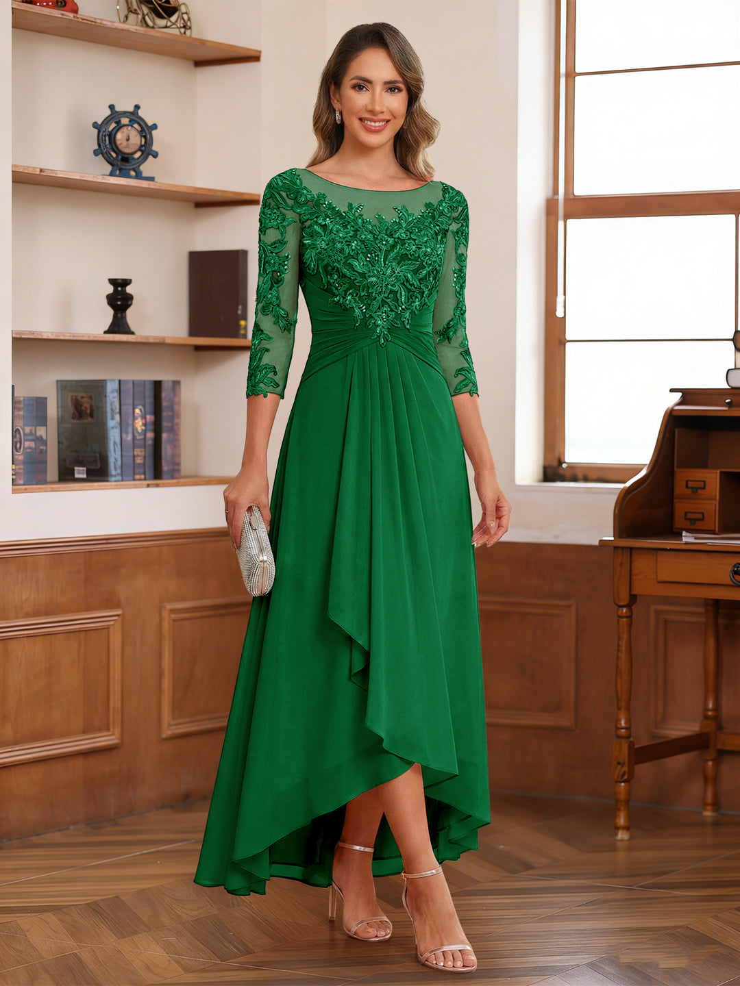 A-Line/Princess Scoop 3/4 Sleeves Ankle-Length Mother of the Bride Dress With Appliques &amp; Lace