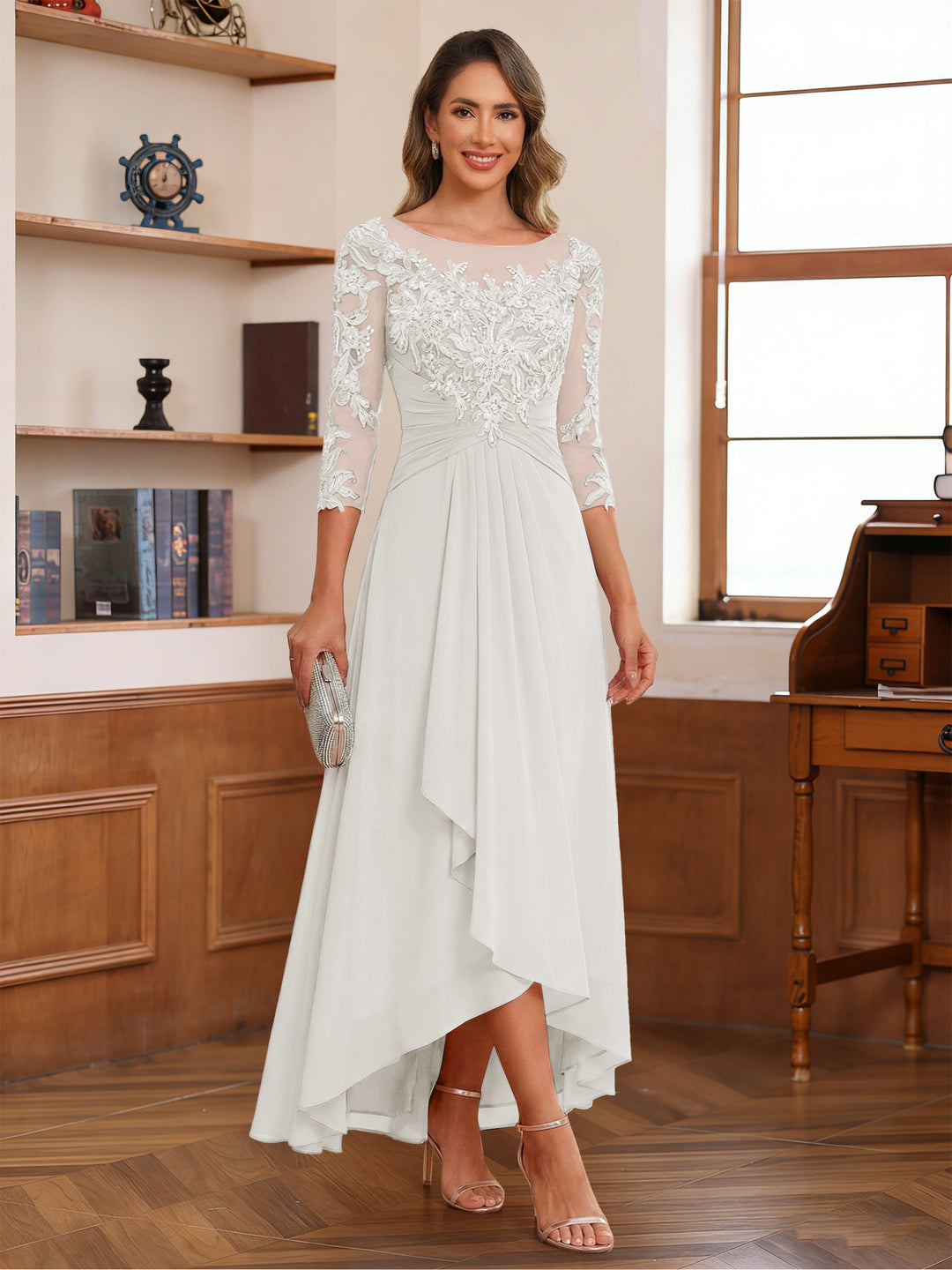 A-Line/Princess Scoop 3/4 Sleeves Ankle-Length Mother of the Bride Dress With Appliques &amp; Lace