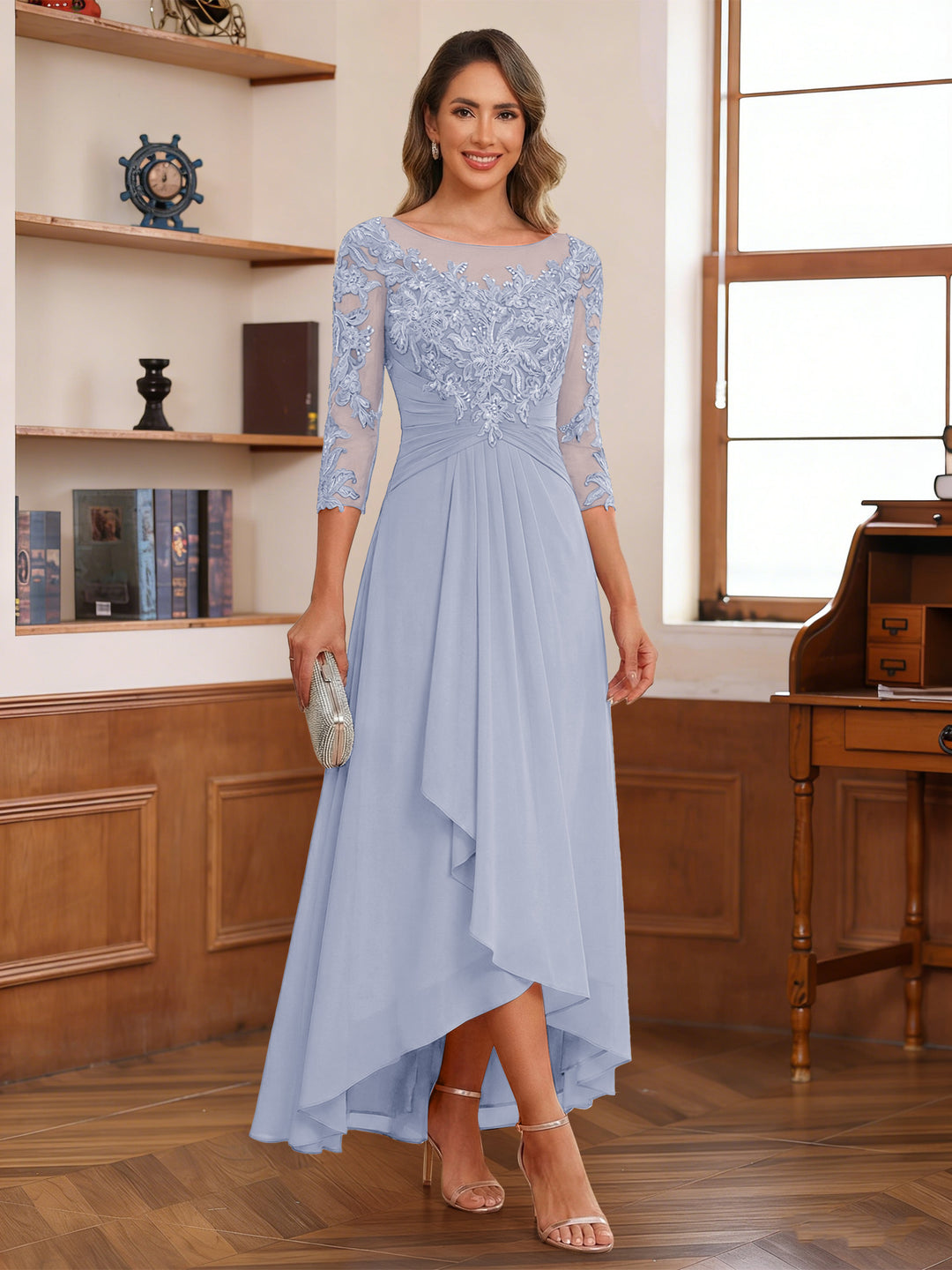 A-Line/Princess Scoop 3/4 Sleeves Ankle-Length Mother of the Bride Dress With Appliques &amp; Lace