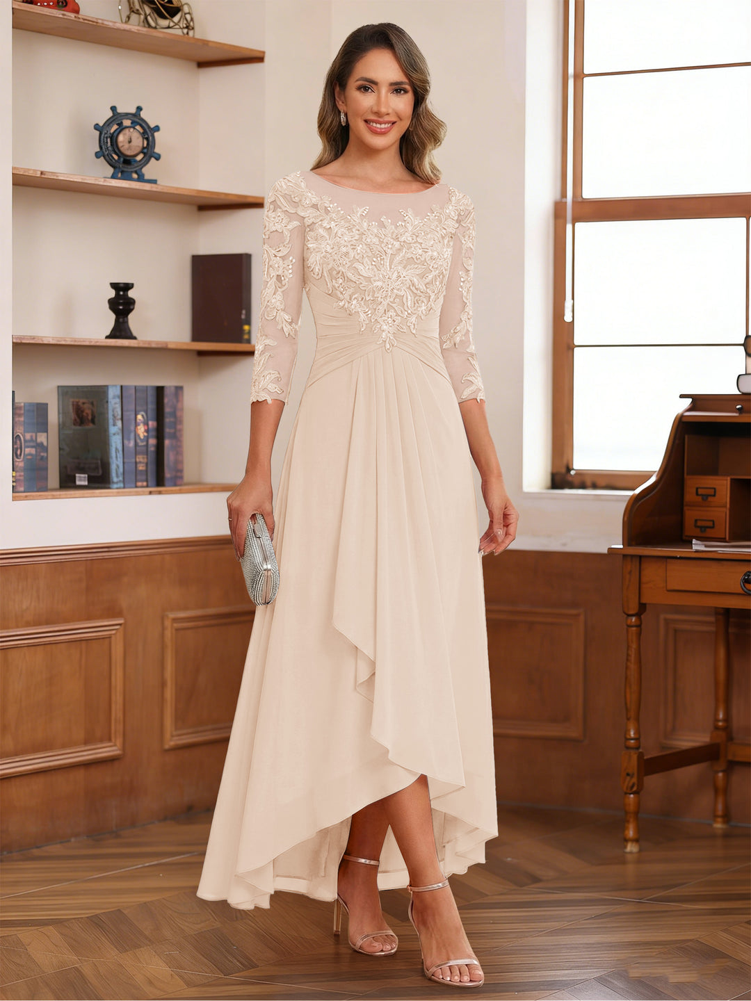 A-Line/Princess Scoop 3/4 Sleeves Ankle-Length Mother of the Bride Dress With Appliques &amp; Lace