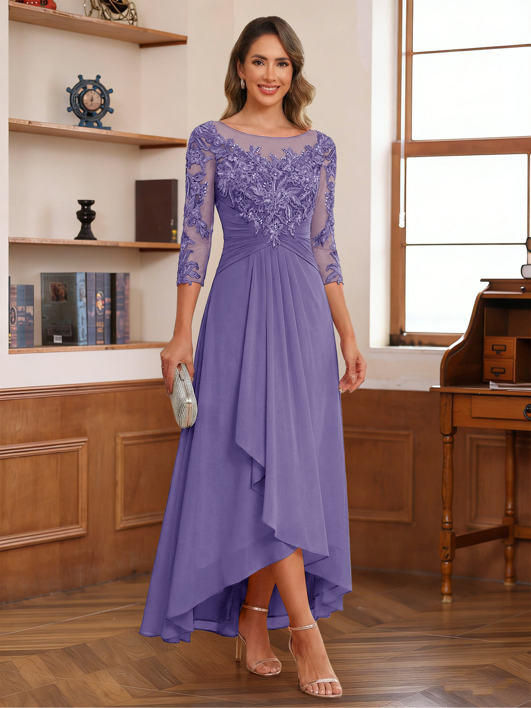 Lavetir Lavender A-Line/Princess Scoop 3/4 Sleeves Ankle-Length Mother of the Bride Dress With Appliques & Lace 2026