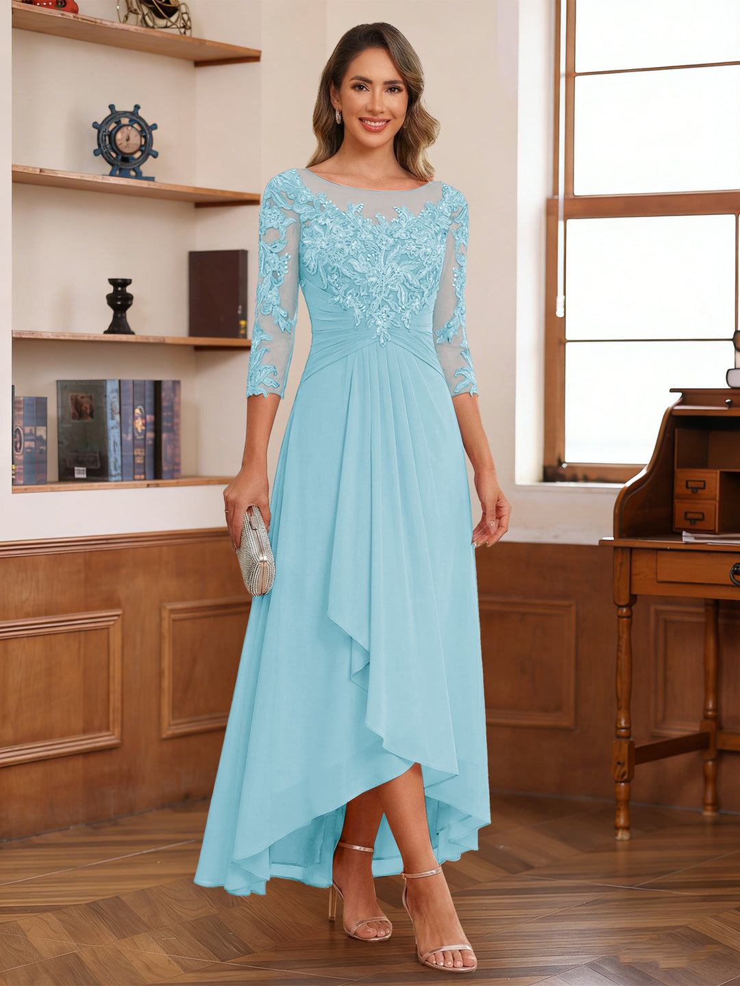 A-Line/Princess Scoop 3/4 Sleeves Ankle-Length Mother of the Bride Dress With Appliques &amp; Lace