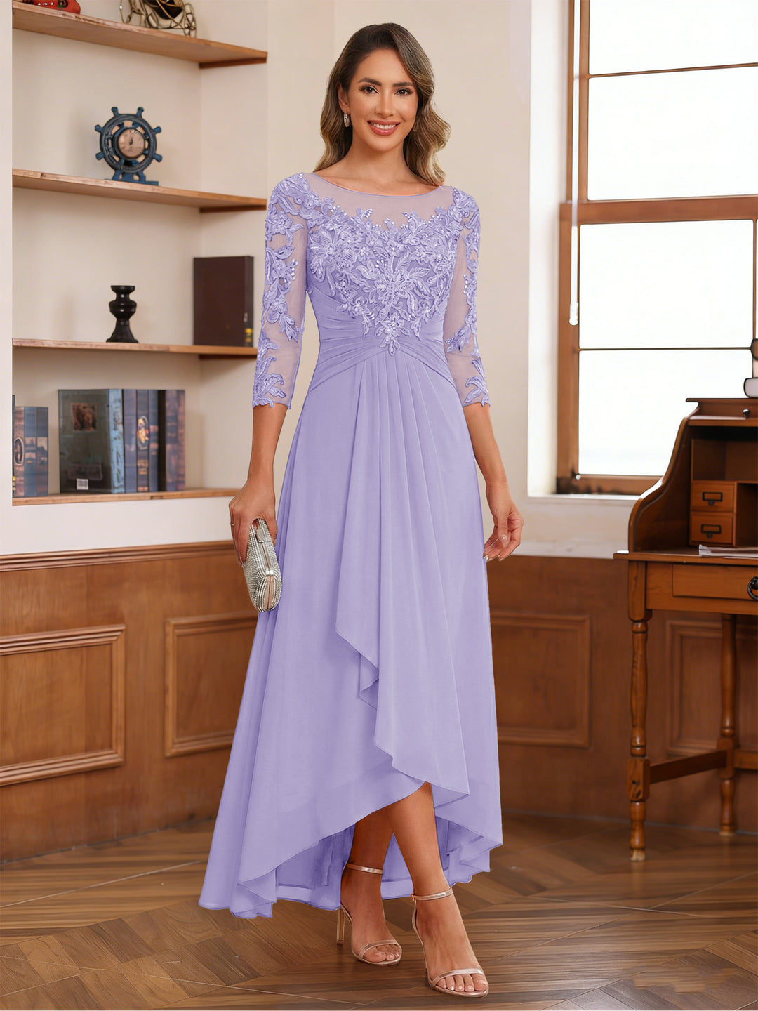 A-Line/Princess Scoop 3/4 Sleeves Ankle-Length Mother of the Bride Dress With Appliques &amp; Lace