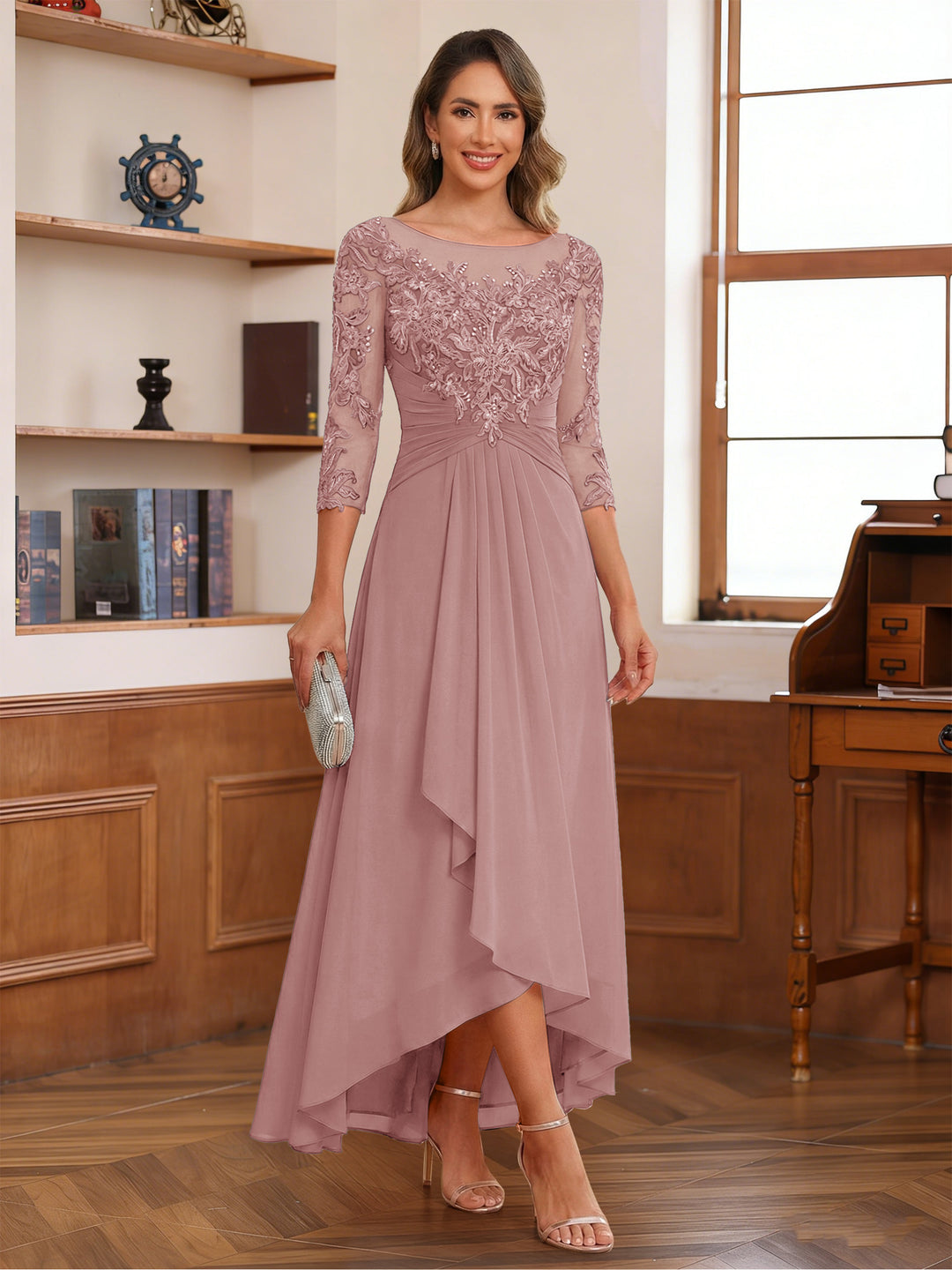 A-Line/Princess Scoop 3/4 Sleeves Ankle-Length Mother of the Bride Dress With Appliques &amp; Lace