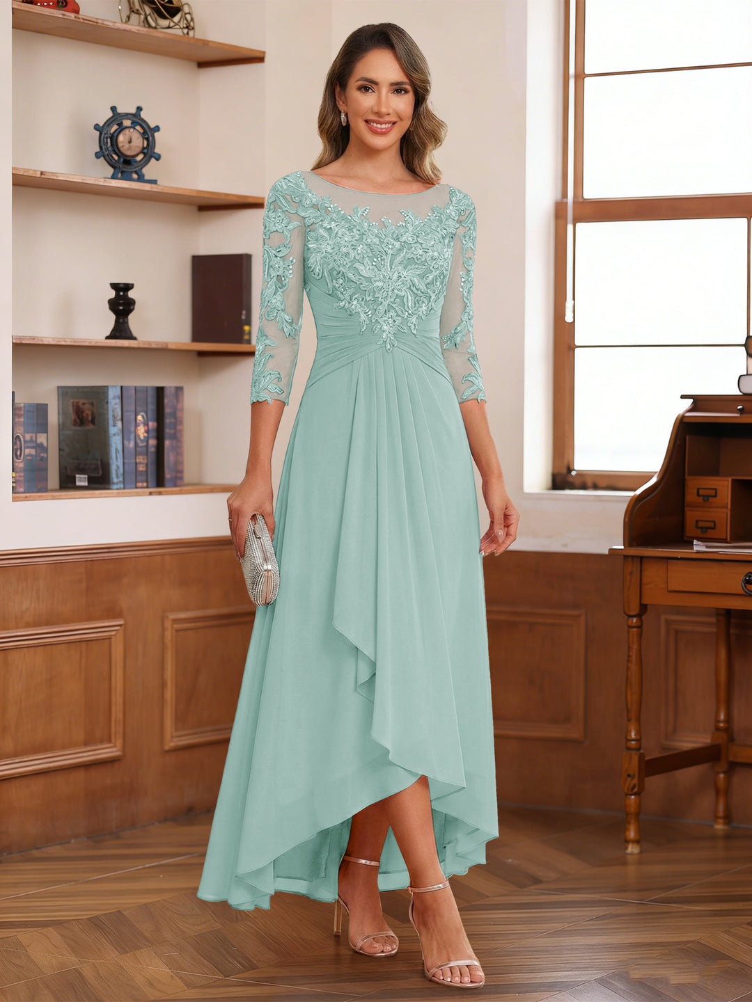 A-Line/Princess Scoop 3/4 Sleeves Ankle-Length Mother of the Bride Dress With Appliques &amp; Lace